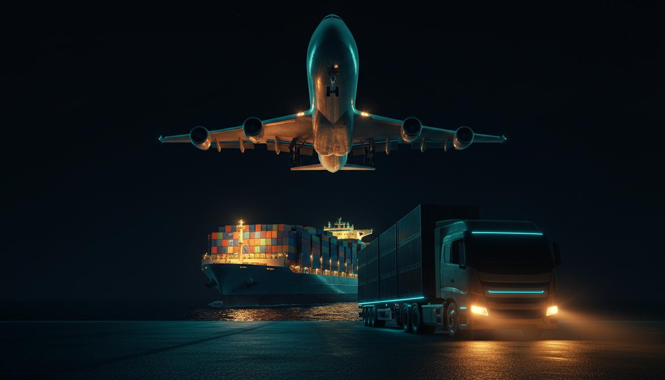 Airplane, container ship and freight truck — logistics services